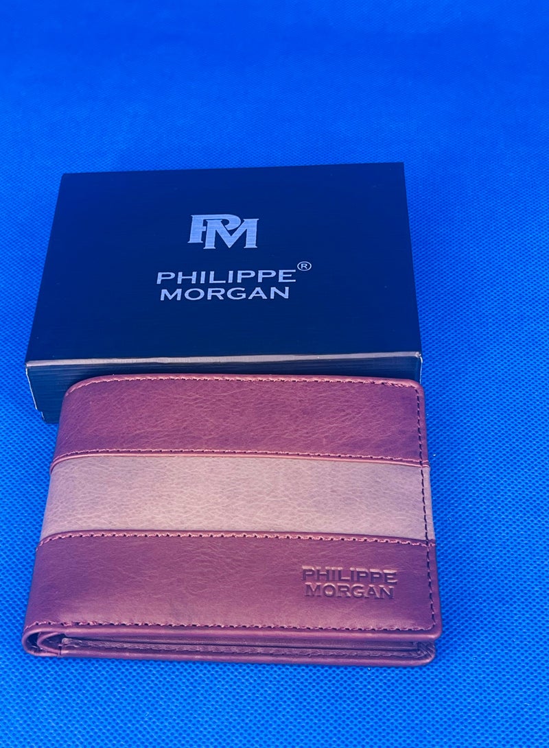 فيليب مورجان محفظة جلدية أصلية فاخرة قابلة للطي للرجال لون بني - Image 1