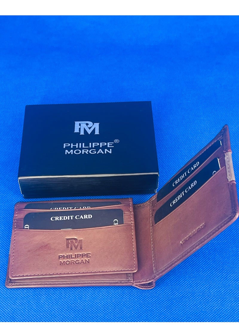 فيليب مورجان محفظة جلدية أصلية فاخرة قابلة للطي للرجال لون بني - Image 2
