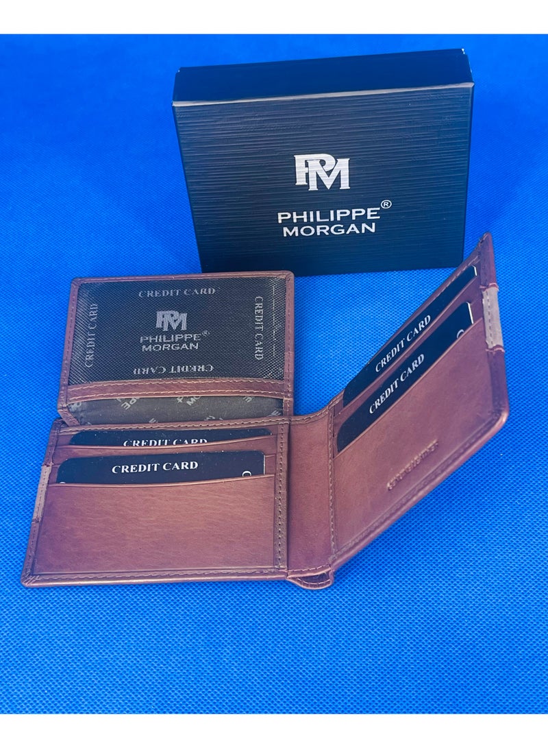 فيليب مورجان محفظة جلدية أصلية فاخرة قابلة للطي للرجال لون بني - Image 3