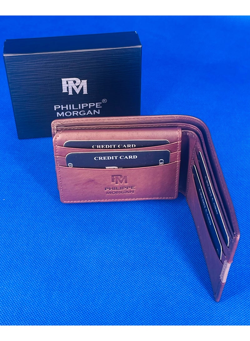 فيليب مورجان محفظة جلدية أصلية فاخرة قابلة للطي للرجال لون بني - Image 4