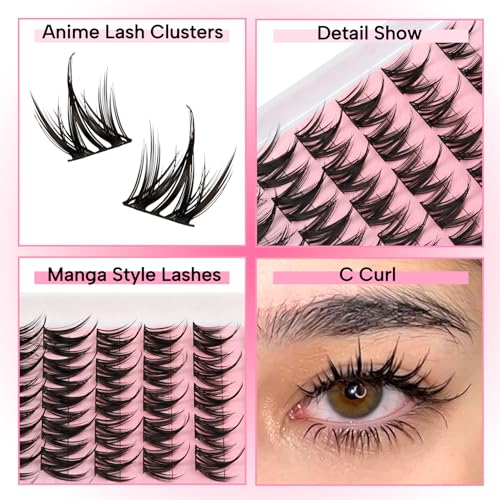 Fyonas Lash Clusters Manga Eyelash Clusters Spiky Cluster Eyelash Extensions 80Pcs C Curl Individual Lashes Volume Anime Lash Clusters with Thin Band Cosplay Lashes DIY at Home (Cutey) - Image 2