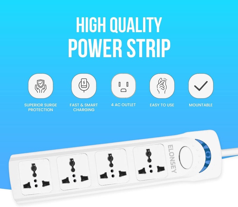 ELONSEY 10m Universal Power Extension Cord with 4 Power Plugs 4 Power Strip Outlets, 4 Way Power Strip, Extension Lead 10 meters - White (10M 4S) - Image 3