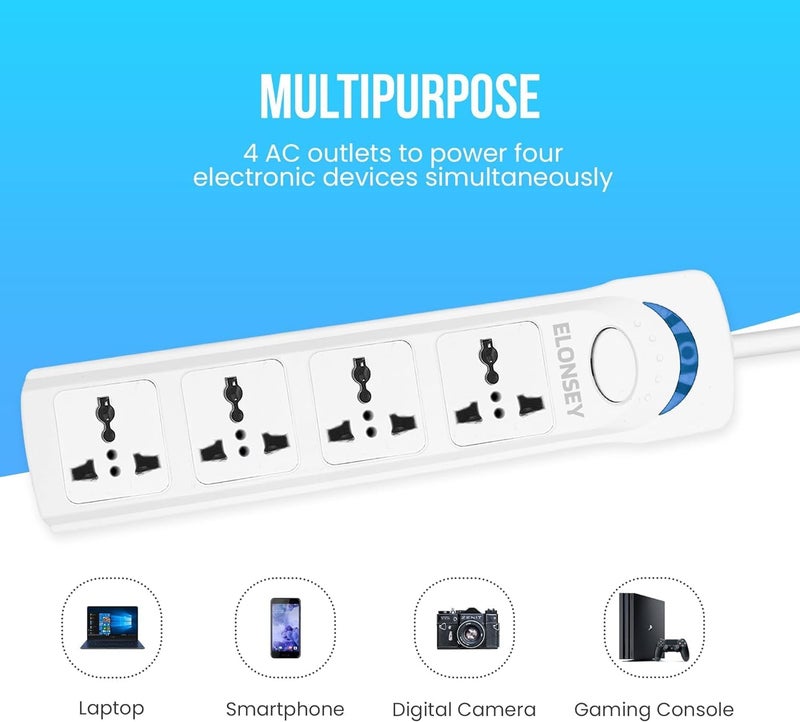 ELONSEY 10m Universal Power Extension Cord with 4 Power Plugs 4 Power Strip Outlets, 4 Way Power Strip, Extension Lead 10 meters - White (10M 4S) - Image 1