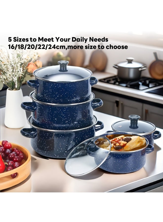 شاربدو مجموعة أدوات طبخ غير مصقفة من 10 قطع ، تعمل مع معظم الأوعية والمقالي للمقالي ، مجموعات أواني المينا مع أغطية زجاجية مقسمة 16/18/22/22/22 سم (الأزرق البحري) - Image 1