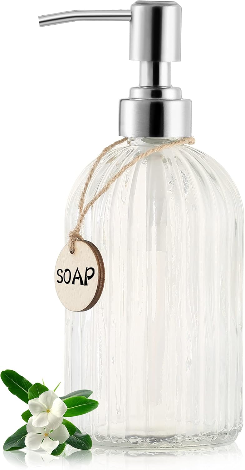 MOCLIF 16 OZ Soap Dispenser，Tempered Glass Clear Vertical Stripe with 304 Rust Proof Stainless Steel Pump Refillable Liquid Hand Soap Dispenser，for Bathroom, Kitchen, Dish Soap，Lotion (Clear) - Image 1