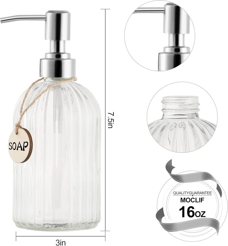 MOCLIF 16 OZ Soap Dispenser，Tempered Glass Clear Vertical Stripe with 304 Rust Proof Stainless Steel Pump Refillable Liquid Hand Soap Dispenser，for Bathroom, Kitchen, Dish Soap，Lotion (Clear) - Image 2
