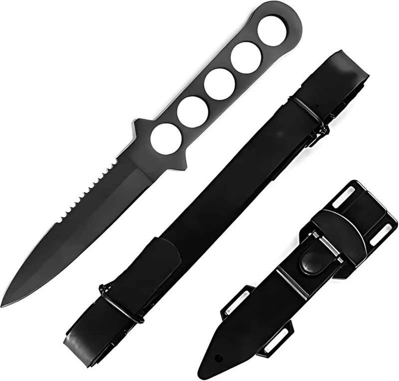 Diving Knife, 9-Inch Overall, 4.25-Inch Mirror Polish Blade, Stainless Steel Handle Leg Strap (Black)