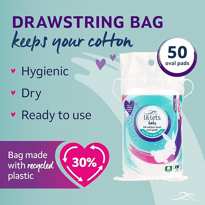 Lil-Lets LilLets Baby Cotton Wool Oval Pads Certified Organic 100 Pure Cotton Wool Soft and Absorbent Gentle on Babys Delicate Skin Dermatologically Tested Ideal for Newborns Pack of 50 Oval Pads - Image 5