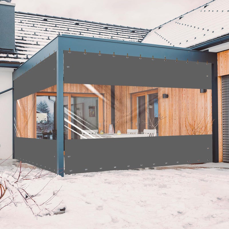 ستارة خارجية من فينيل إزكاش 20 أونصة، ستارة بانل شفافة مقاومة للعوامل الجوية، ستارة خارجية للبلاط، الشرفات، والبيوت مع حلقات مقاومة للصدأ 8 بوصة × 10 بوصة رمادي داكن