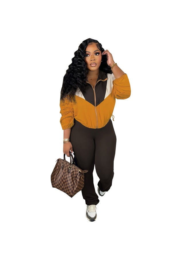 D9725 Hot European And American Women's Autumn New Fashion Color Matching Zipper Cardigan Long Sleeve Tights Sports Suit - Image 2