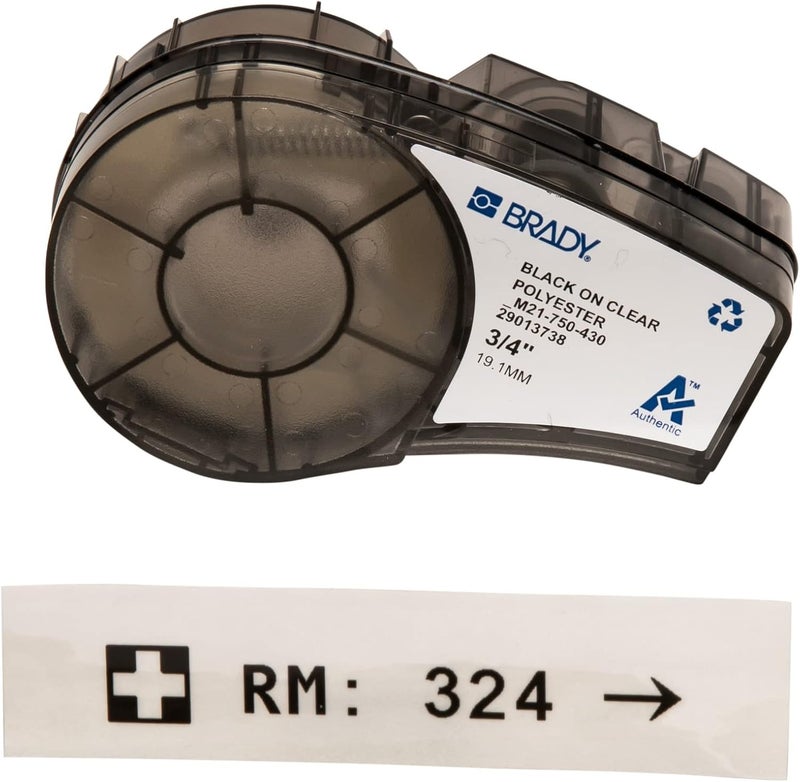 Brady Authentic (M21-750-430) Harsh Environment Polyester Label for Lab, Asset Tracking and Datacom Labeling, Black on Clear- For M210, M210-LAB, M211, BMP21-PLUS and BMP21-LAB Printers, .75" W 21' L - Image 1