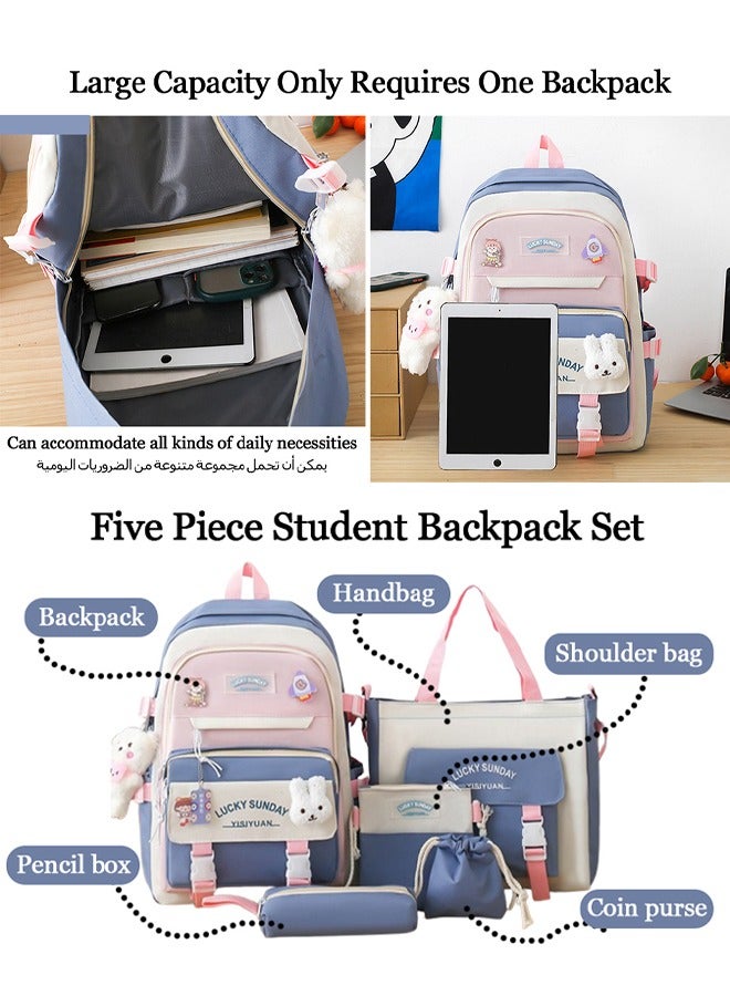 5 Pcs Kids' School Bag,Adult Backpack Set,Student School Bags Backpacks with Pendant Lunch Bag Pencil Case Handbag Coin Purse for Teen Girls School Backpack  - Image 5
