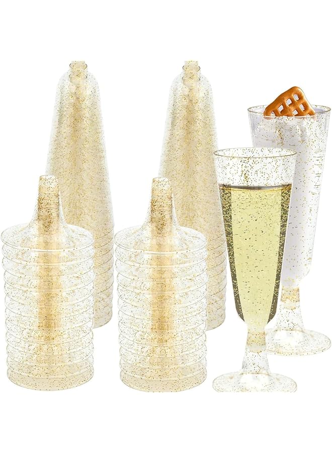 150ml Reusable Plastic Champagne Flutes with Gold Glitter, BPA-Free 25 Pack, Dishwasher Safe Cocktail Glasses for Weddings, Parties & Daily Use