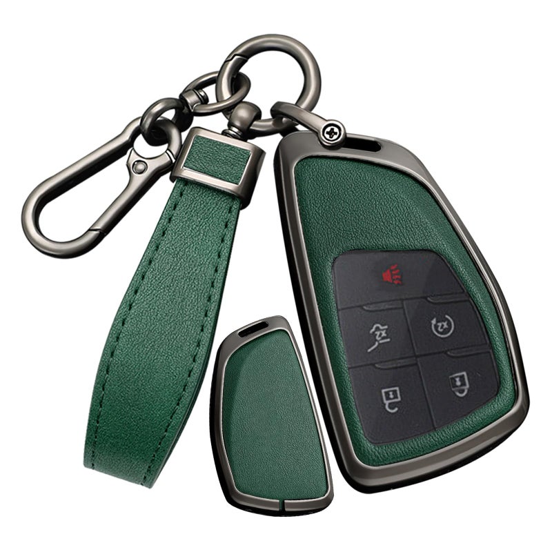 SANRILY PU Leather 3456 Button Smart Key Fob Cover Fit for Buick Envision Avenir 2024 Fit for Chevy Suburban Tahoe Fit for GMC Yukon Denali Sierra Silverado Keyless with Keychain BlackGreen