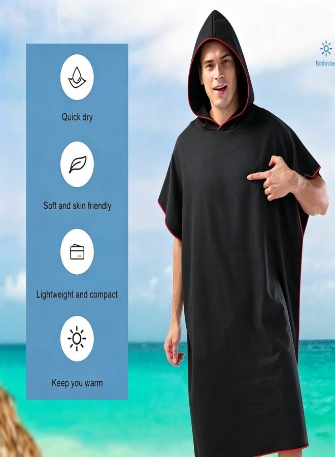 Adult Surf Poncho Changing Towel - Ultra Absorbent Wearable Hooded Microfiber Bathrobe & Quick Dry Beach Blanket for Swimming, Wetsuit Change, Travel & Camping (Black with Red Trim) - Image 2