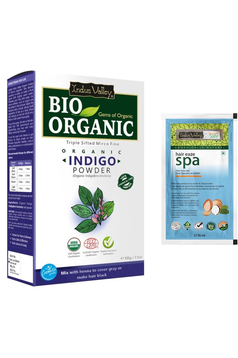 INDUS VALLEY BIO Organic Indigo Powder (Indigofera Tinctoria) with Color Recipe Book and Hair Eaze SPA free (100g+15ml) - Image 1