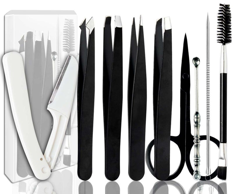 Muzioiernsu Tweezers Kit Tweezer for Women Facial Hair Removal Tweezers Professional Tweezers Set Eyebrow Tweezer, [9+1 PCS] Professional Stainless Steel Eyebrow for Women &Men,Black Beauty Sets - Image 1