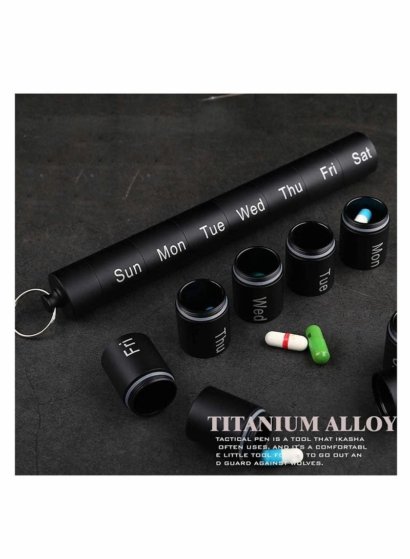 SYOSI Pill Box Waterproof Aluminum Metal Pill Box Case Organizer - Outdoor Pill Bottle Key Ring Small Aid Pill Holder Pill Container for Daily Camping Travel Daily Travel, 7 Day Pill Box Case - Image 2
