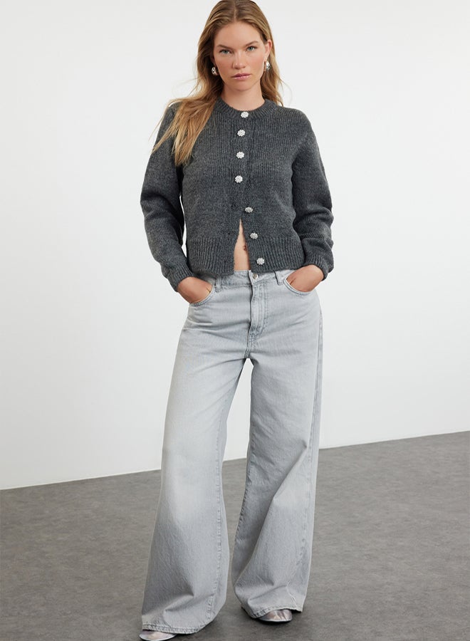 trendyol Anthracite Soft Texture Jewel Buttoned Jacket Look Knitted Cardigan - Image 3