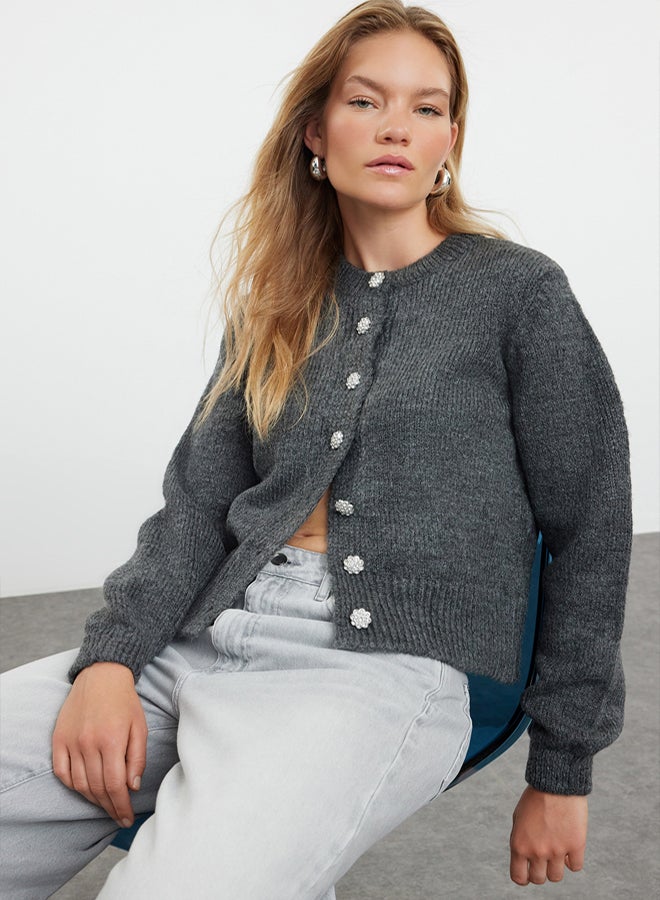 trendyol Anthracite Soft Texture Jewel Buttoned Jacket Look Knitted Cardigan - Image 2