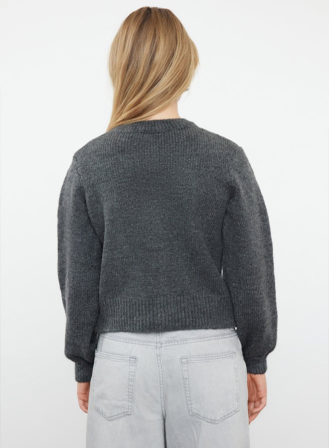 trendyol Anthracite Soft Texture Jewel Buttoned Jacket Look Knitted Cardigan - Image 5