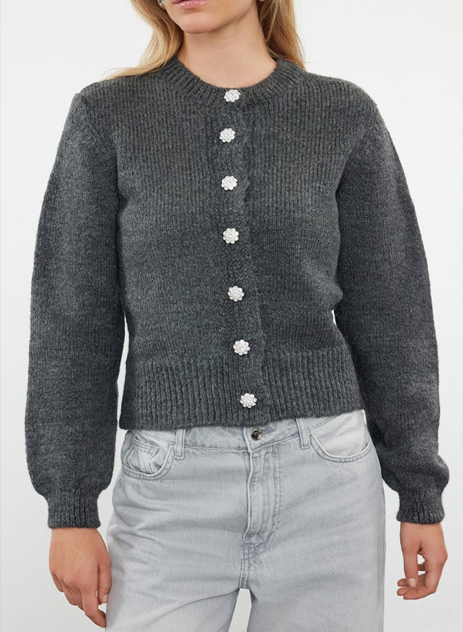 trendyol Anthracite Soft Texture Jewel Buttoned Jacket Look Knitted Cardigan - Image 4