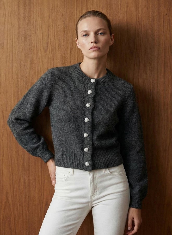 trendyol Anthracite Soft Texture Jewel Buttoned Jacket Look Knitted Cardigan - Image 1