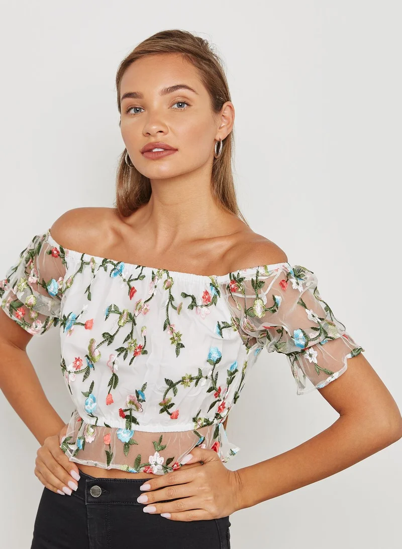Miss Selfridge Embroidered Mesh Bardot Top
