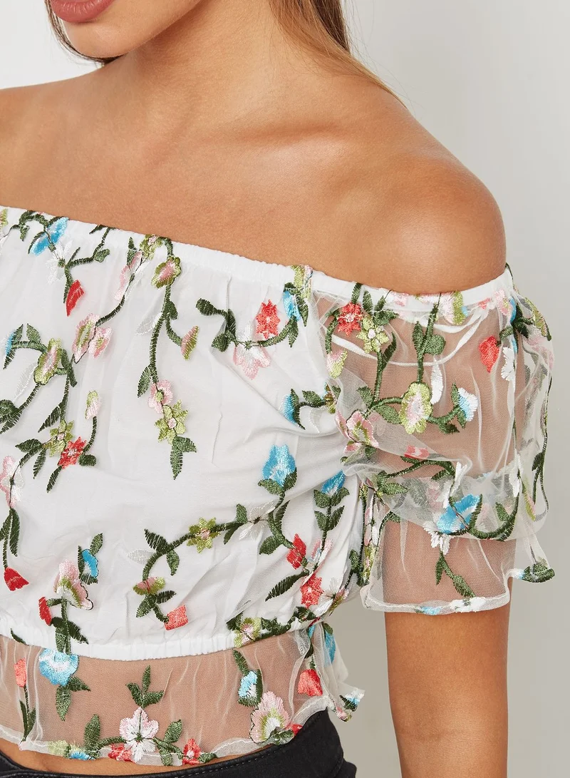 Miss Selfridge Embroidered Mesh Bardot Top