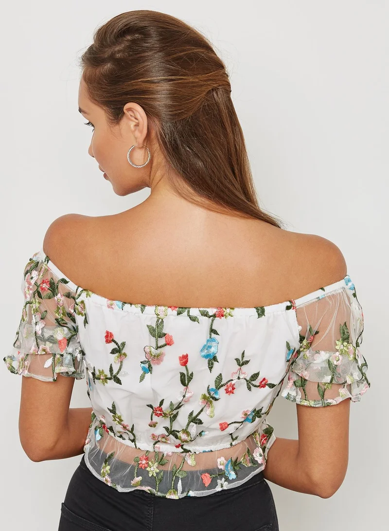 Miss Selfridge Embroidered Mesh Bardot Top