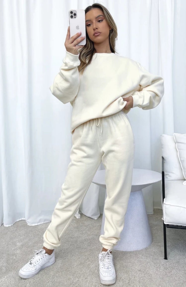 Autumn Winter Solid Round Neck Sweater Pants Set Apricot Apricot