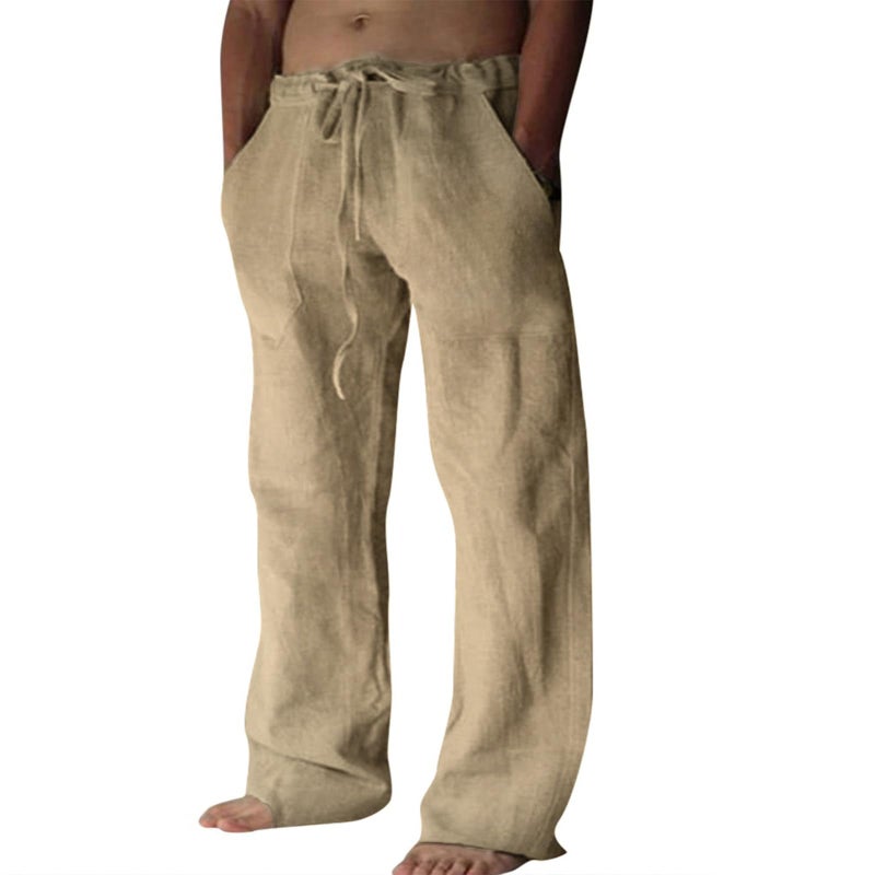 Puimentiua Cotton Linen Pants Men Casual Loose Fit Elastic Drawstring Waist Summer Beach Pants(Coffee,XL) - Image 1