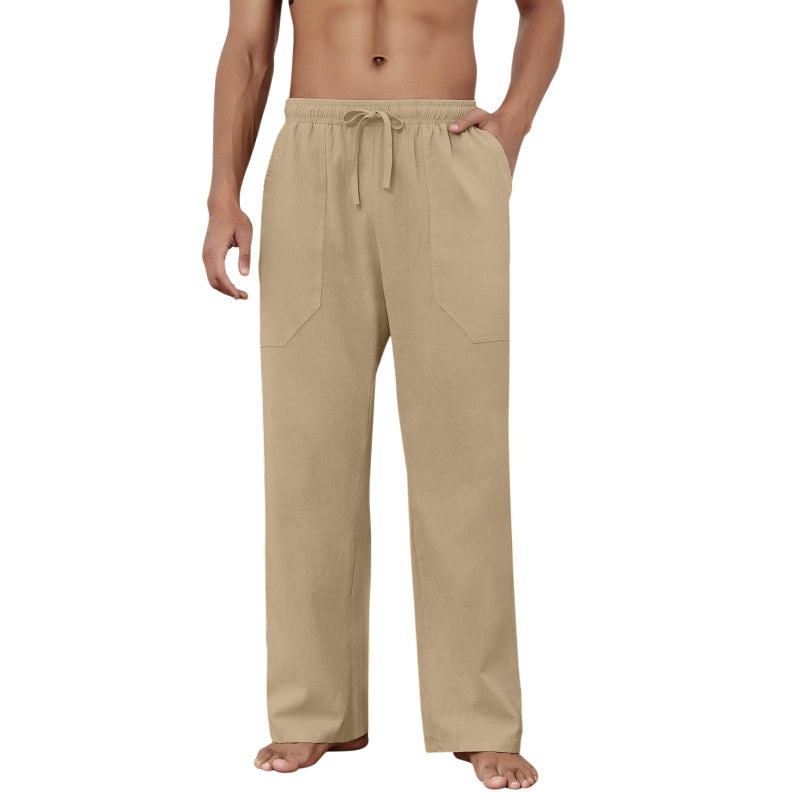 Puimentiua Cotton Linen Pants Men Casual Loose Fit Elastic Drawstring Waist Summer Beach Pants(Coffee,XL) - Image 2