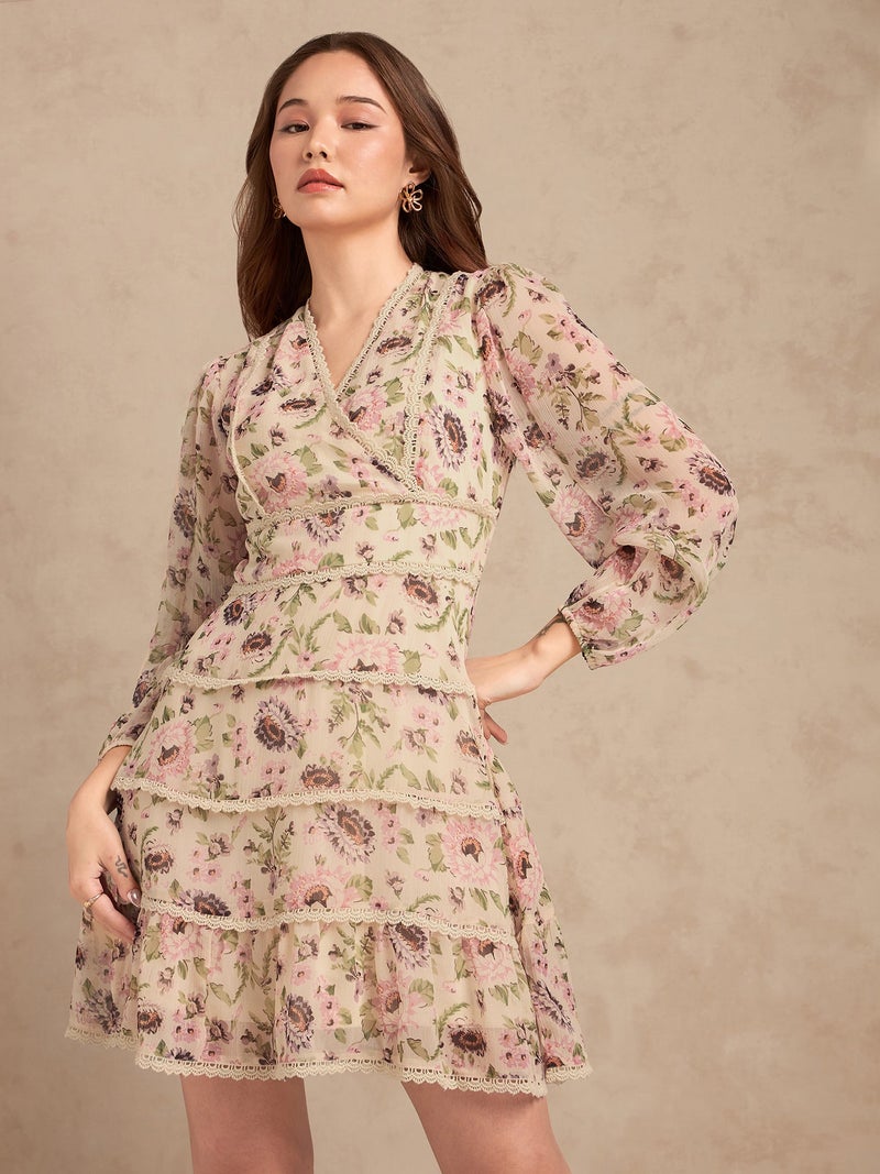 OUTZIDR Multi Floral Printed Dress With Lace Detailing - Image 1