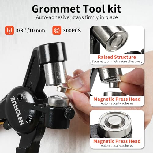 zonglan Grommet Tool Kit, 3/8 Inch Handheld Eyelet Kit Hole Punch Grommet Eyelet Press Pliers with 300 Silver Anti-Rust Grommets for Tarp Leather Fabric Tent and So On - Image 2