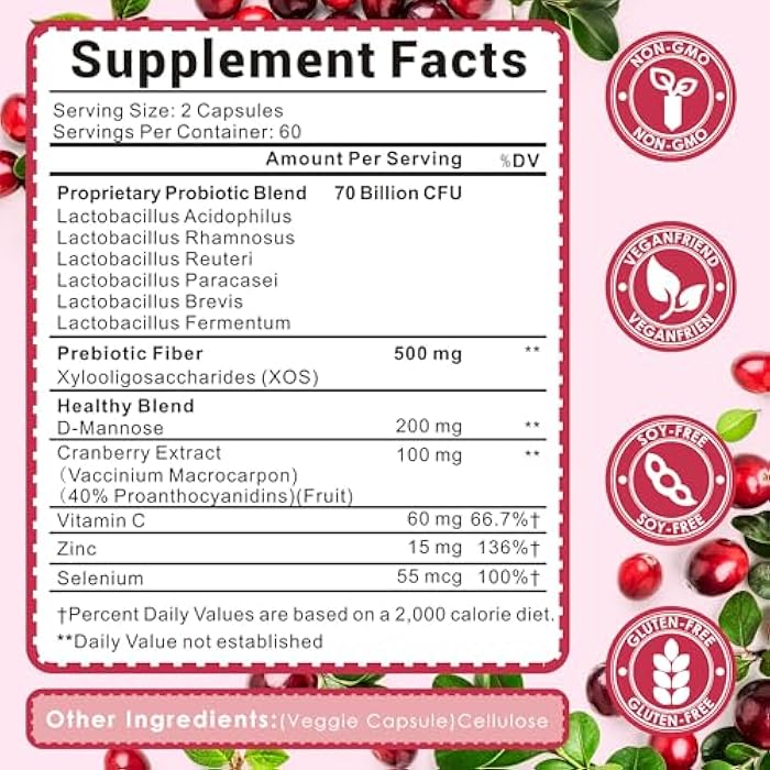 UBEEKOO Vaginal Probiotics for Women, 70 Billion CFU for Vaginal Health, pH Balance, Urinary Tract, Digestive with Prebiotics, Organic Cranberry & D-Mannose for Vaginal Odor & Flora Supplements - 60 Capsules - Image 2