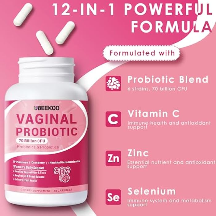 UBEEKOO Vaginal Probiotics for Women, 70 Billion CFU for Vaginal Health, pH Balance, Urinary Tract, Digestive with Prebiotics, Organic Cranberry & D-Mannose for Vaginal Odor & Flora Supplements - 60 Capsules - Image 5