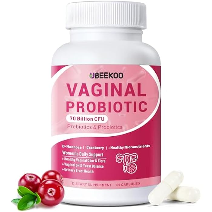 UBEEKOO Vaginal Probiotics for Women, 70 Billion CFU for Vaginal Health, pH Balance, Urinary Tract, Digestive with Prebiotics, Organic Cranberry & D-Mannose for Vaginal Odor & Flora Supplements - 60 Capsules - Image 1