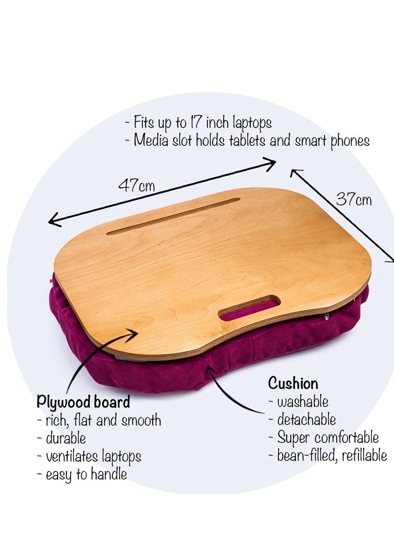 Mazajy Home - Lazylap – Purple Fabric Cushioned Lap Desk with Beech Wood Top – Fits Laptops up to 17” – Tablet/Phone Slot – Portable Design – Detachable, washable & Refillable Bean Cushion – Heat-Reducing Wooden Surface – 47x37 cm - Image 1