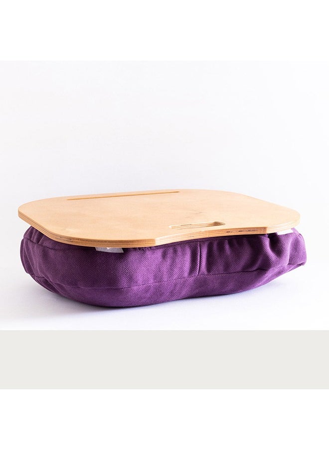 Mazajy Home - Lazylap – Purple Fabric Cushioned Lap Desk with Beech Wood Top – Fits Laptops up to 17” – Tablet/Phone Slot – Portable Design – Detachable, washable & Refillable Bean Cushion – Heat-Reducing Wooden Surface – 47x37 cm - Image 1