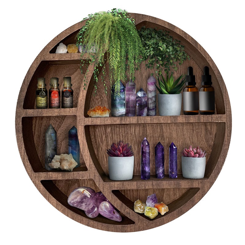 Wooden Crescent Moon Shelf Wall Decor  Decorative Boho Home Hanging Display Shelf for Bedroom Dorm Nursery  Easy Mount Storage for Crystals and Essential Oils  14 x 14 x 35 Brown