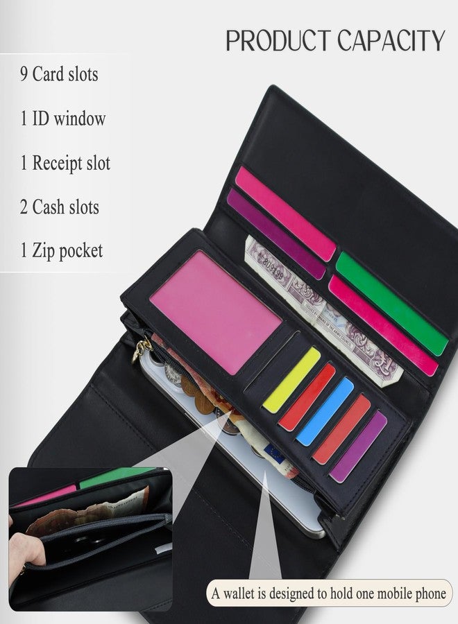 Feelorna Women’s Wallet, Large Capacity Long PU Leather Wallets with Multiple Card Slots and Zipper Coin Pocket, Portable Trifold Wallet with ID Window for Work and Travel (Black) - Image 4