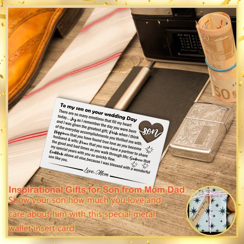 YODOCAMP Son Wedding Gifts from Mom, Engraved Wallet Card Insert for Son on His Wedding Day, Groom Gift Wallet Card from Mother - Image 3