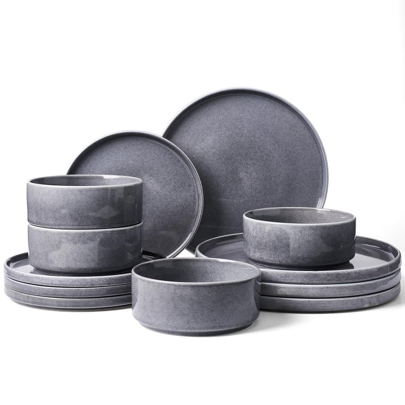 Famiware Annecy Plates and Bowls Sets, 12 Pieces Dinnerware Sets, Microwave and Dishwasher Safe Dishes Set for 4, Chip and Scratch Resistant, Misty-Blue - Image 1