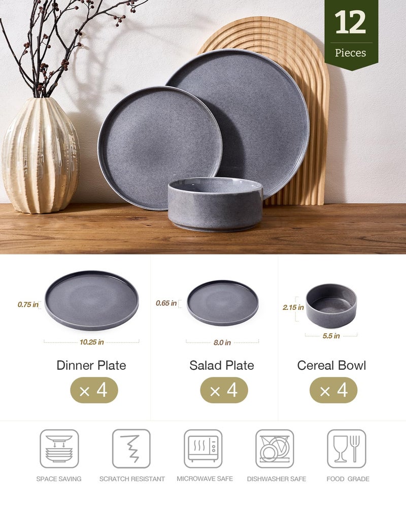 Famiware Annecy Plates and Bowls Sets, 12 Pieces Dinnerware Sets, Microwave and Dishwasher Safe Dishes Set for 4, Chip and Scratch Resistant, Misty-Blue - Image 2