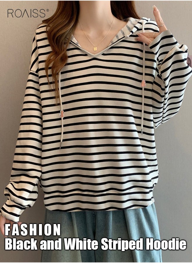 roaiss - Women'S Casual Loose Hooded Pullover Classic Horizontal Stripe Hoodie Top With Short Front And Long Back - Image 1