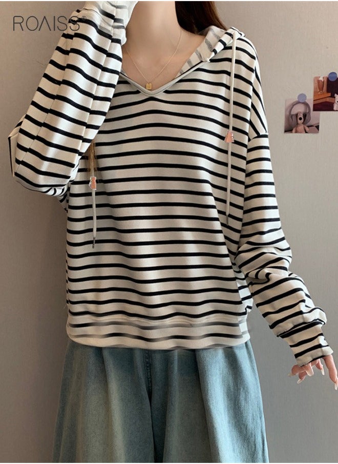 roaiss - Women'S Casual Loose Hooded Pullover Classic Horizontal Stripe Hoodie Top With Short Front And Long Back - Image 1