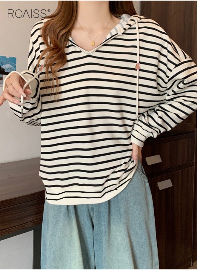 roaiss - Women'S Casual Loose Hooded Pullover Classic Horizontal Stripe Hoodie Top With Short Front And Long Back - Image 1