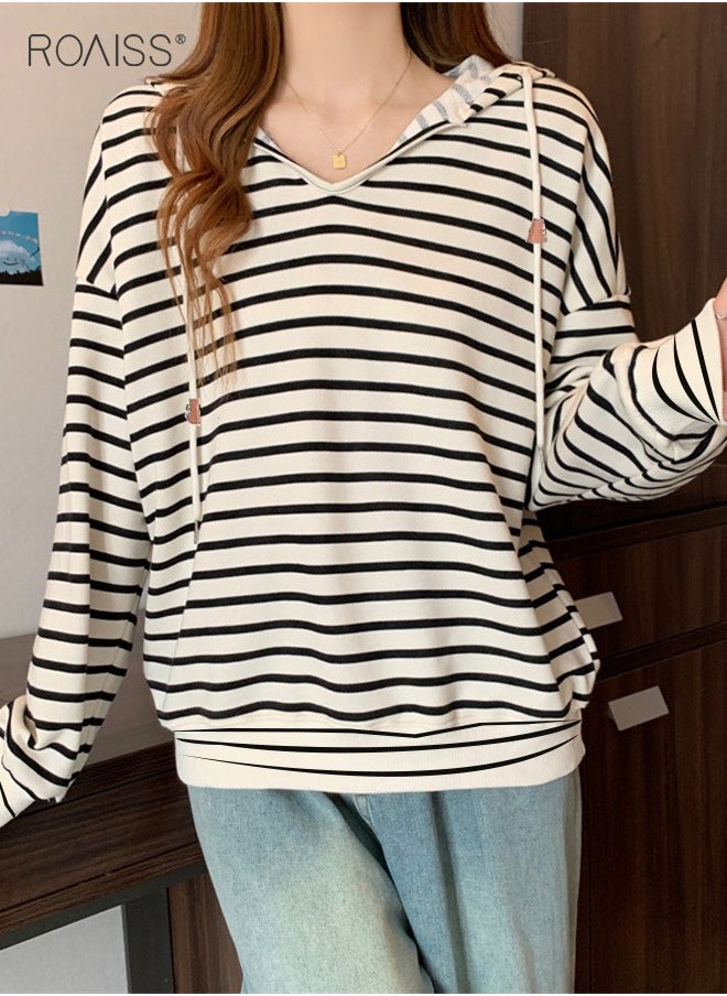 roaiss - Women'S Casual Loose Hooded Pullover Classic Horizontal Stripe Hoodie Top With Short Front And Long Back - Image 1