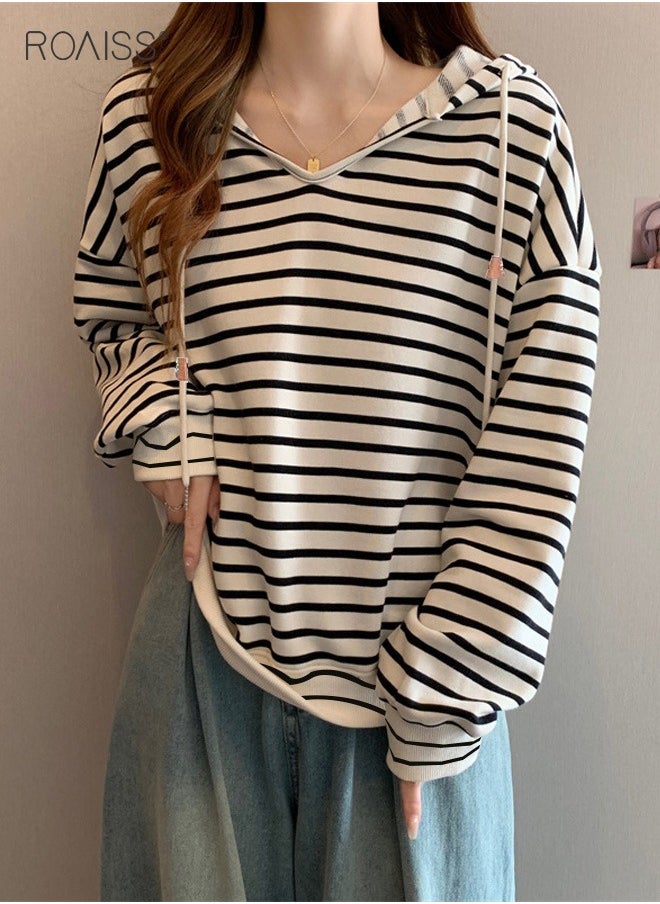 roaiss - Women'S Casual Loose Hooded Pullover Classic Horizontal Stripe Hoodie Top With Short Front And Long Back - Image 1